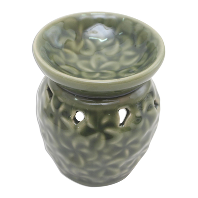 Ceramic oil warmer, 'Jepun Flowers' - Frangipani Motif Green Ceramic Oil Warmer