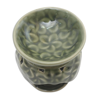 Ceramic oil warmer, 'Jepun Flowers' - Frangipani Motif Green Ceramic Oil Warmer