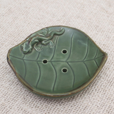 Ceramic soap dish, 'Gecko Home' - Ceramic Leaf Soap Dish with Gecko Decoration