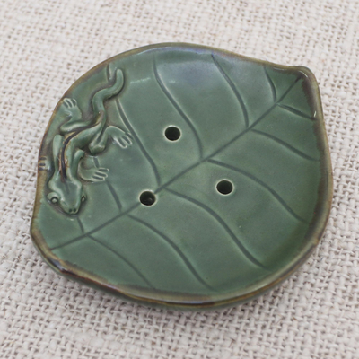 Ceramic soap dish, 'Gecko Home' - Ceramic Leaf Soap Dish with Gecko Decoration