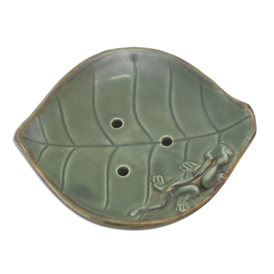 Jabonera de cerámica - Jabonera de hoja de cerámica con decoración Gecko