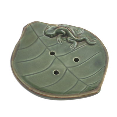 Seifenschale aus Keramik - Keramikblatt-Seifenschale mit Gecko-Dekoration