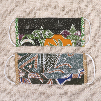 Cotton face masks, 'Island Nights' (pair) - Cotton Batik Print Pleated Nose Clip Face Masks from Bali