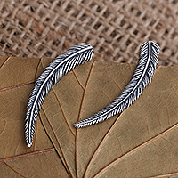Sterling silver ear climber earrings, 'Coconut Leaf' - Ear Climber Earrings in Sterling Silver