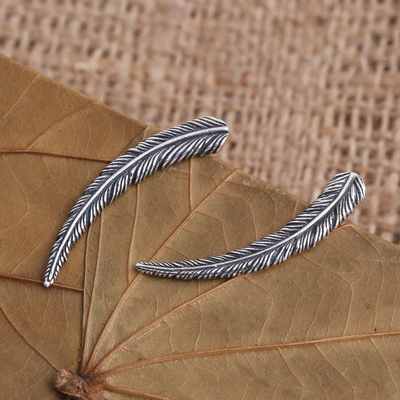Sterling silver ear climber earrings, 'Coconut Leaf' - Ear Climber Earrings in Sterling Silver