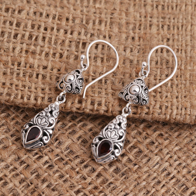 Garnet dangle earrings, 'Traditional Treasure' - Silver and Garnet Dangle Earrings from Bali