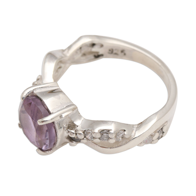 Amethyst solitaire ring, 'Must Be Love' - Amethyst and Quartz Sterling Silver Ring