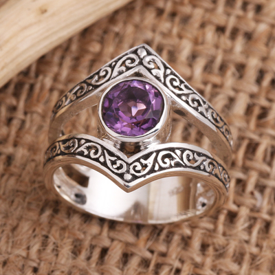 Amethyst cocktail ring, 'Grace and Charm in Purple' - Bezel-Set Amethyst and Sterling Silver Cocktail Ring