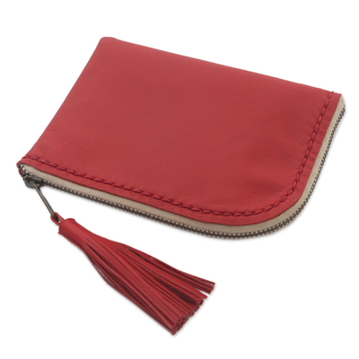 Geldbörse aus Leder, 'Klein und schlicht in Rot'. - Rote Brieftasche aus Leder mit Passepartout und Reißverschluss