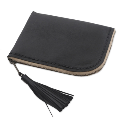 Leather wallet, 'Small and Simple in Black' - Black Tasseled Leather Wallet with Zipper