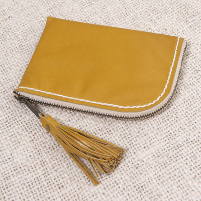 Leather wallet, 'Small and Simple in Mustard' - Red Tasseled Leather Wallet with Zipper