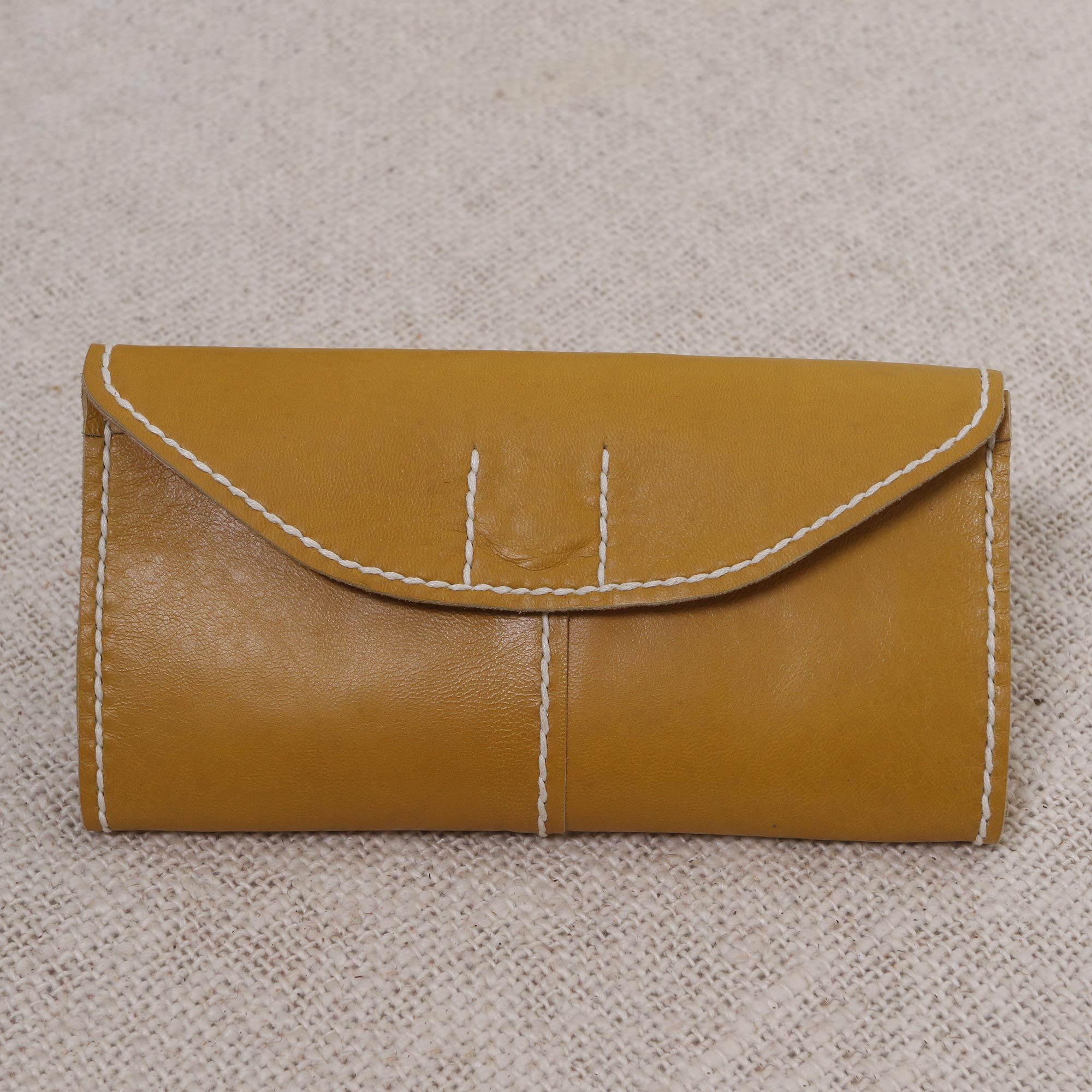 Mustard Yellow Leather Wallet with Snap Clasp Stride in Mustard NOVICA