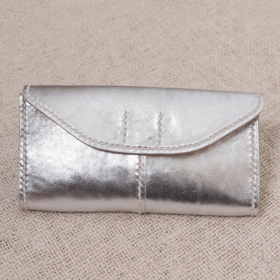 Leather wallet, 'Stride in Silver' - Metallic Silver Leather Wallet with Magnetic Snap Clasp