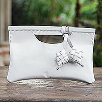 Leather clutch, 'Ketupat in Alabaster' - Ivory Leather Clutch with Magnetic Snap Clasp