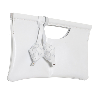 Leather clutch, 'Ketupat in Alabaster' - Ivory Leather Clutch with Magnetic Snap Clasp