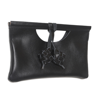 Leather clutch, 'Ketupat in Ebony' - Ebony Leather Clutch with Magnetic Snap Clasp