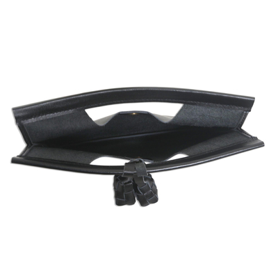 Leather clutch, 'Ketupat in Ebony' - Ebony Leather Clutch with Magnetic Snap Clasp