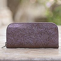 Tooled leather wallet, 'Flowers of Ubud in Brown' - Hand Tooled Brown leather Wallet