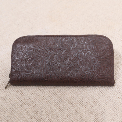 Portemonnaie aus geprägtem Leder - Handgefertigtes Portemonnaie aus braunem Leder