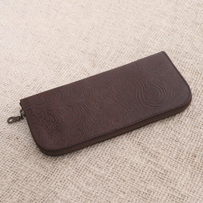 Tooled leather wallet, 'Flowers of Ubud in Brown' - Hand Tooled Brown leather Wallet