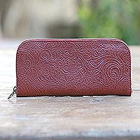 Tooled leather wallet, 'Flowers of Ubud in Red' - Red Leather Wallet Tooled with Floral Designs