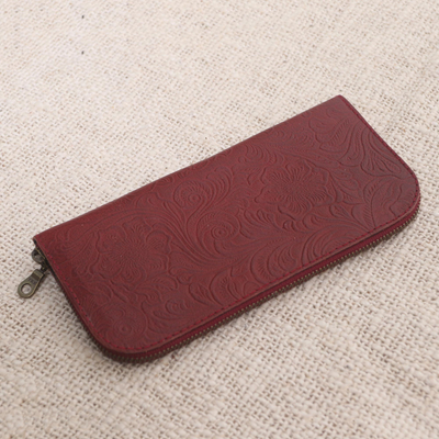 Portemonnaie aus geprägtem Leder - Rotes Lederportemonnaie mit floralen Mustern