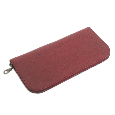 Tooled leather wallet, 'Flowers of Ubud in Red' - Red Leather Wallet Tooled with Floral Designs