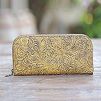 Tooled leather wallet, 'Flowers of Ubud in Maize' - Handmade Yellow Leather Wallet from Bali