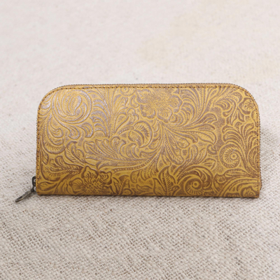 Tooled leather wallet, 'Flowers of Ubud in Maize' - Handmade Yellow Leather Wallet from Bali