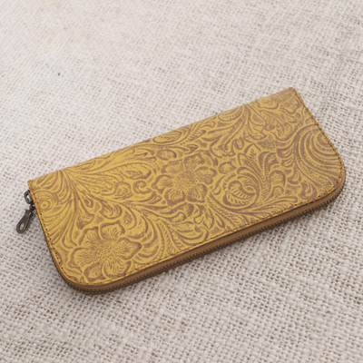 Tooled leather wallet, 'Flowers of Ubud in Maize' - Handmade Yellow Leather Wallet from Bali