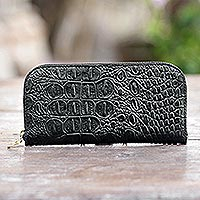 Leather wallet, 'Black Croc' - Croc Embossed Black Leather Wallet