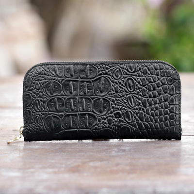 Leather wallet, 'Black Croc' - Croc Embossed Black Leather Wallet