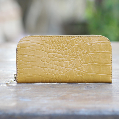 Leather wallet, 'Yellow Croc' - Yellow Leather Wallet with Crocodile Texture