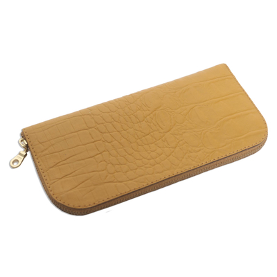 Leather wallet, 'Yellow Croc' - Yellow Leather Wallet with Crocodile Texture