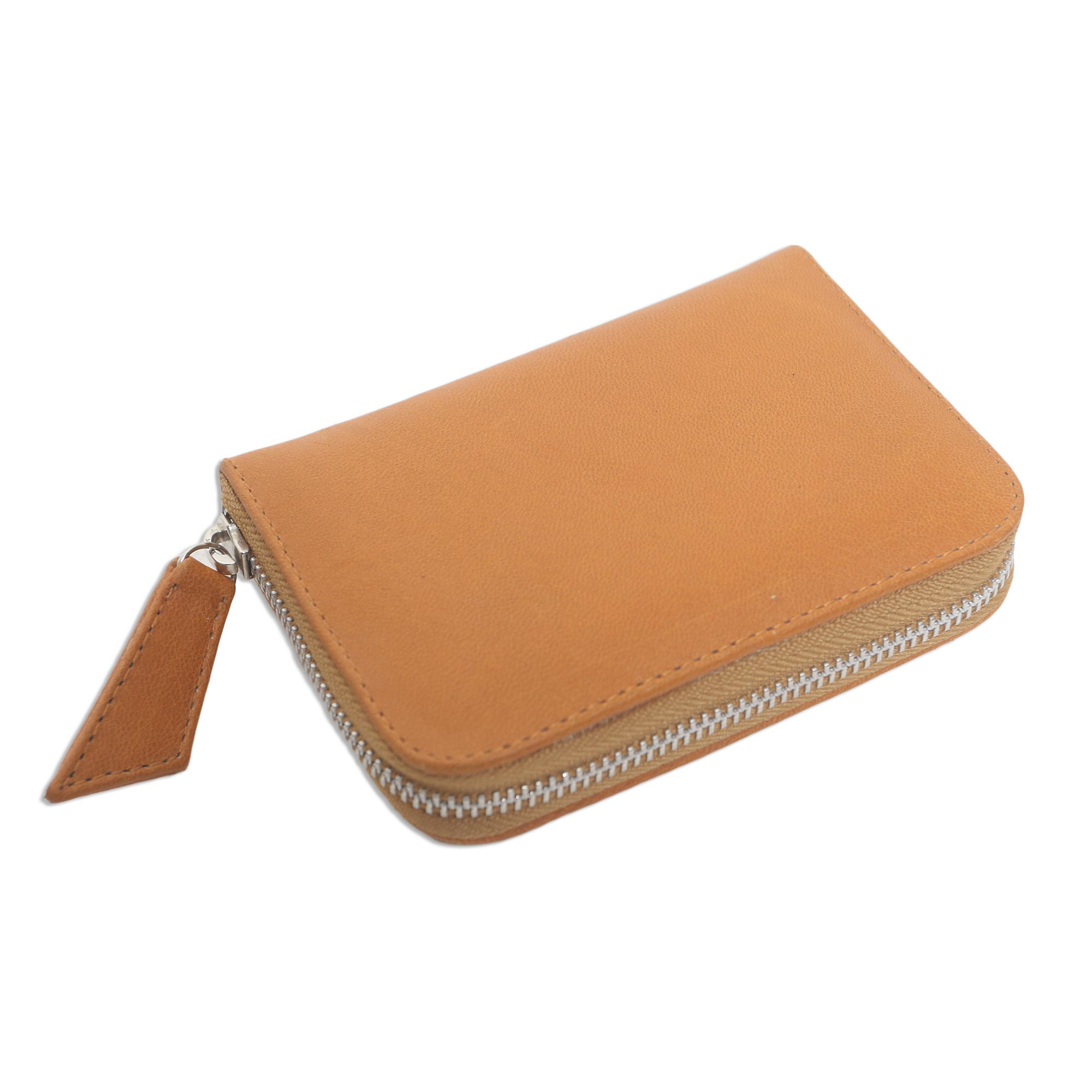 Ginger Colored Leather Zippered Wallet - Ginger Simplicity | NOVICA