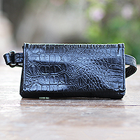 Leather waist bag, 'Cool Carrier in Black Croco' - Hand Made Leather Crocodile Texture Waist Bag