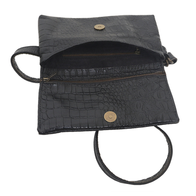 Leather waist bag, 'Cool Carrier in Black Croco' - Hand Made Leather Crocodile Texture Waist Bag