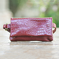 Leather shoulder bag, 'Cool Carrier in Red Croco' - Hand Crafted Leather Crocodile Texture Shoulder Bag