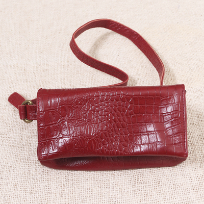 Leather waist bag, 'Cool Carrier in Red Croco' - Hand Crafted Leather Crocodile Texture Waist Bag