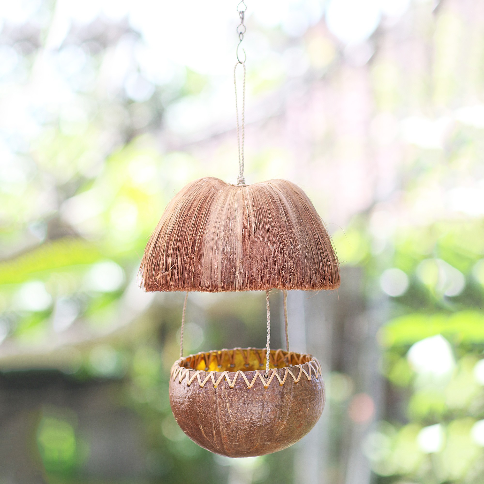 Handcrafted Coconut Shell Bird Feeder Forest Hut NOVICA