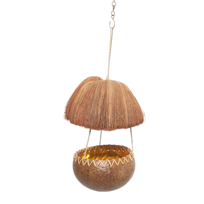 Coconut shell bird feeder, 'Forest Hut' - Handcrafted Coconut Shell Bird Feeder