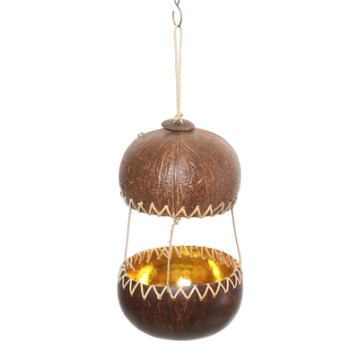Coconut shell bird feeder, 'Kintamani House' - Handcrafted Coconut Shell Bird Feeder