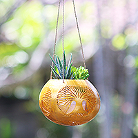 Coconut shell planter, 'Trees of Gold' - Golden Coconut Shell Hanging Planter