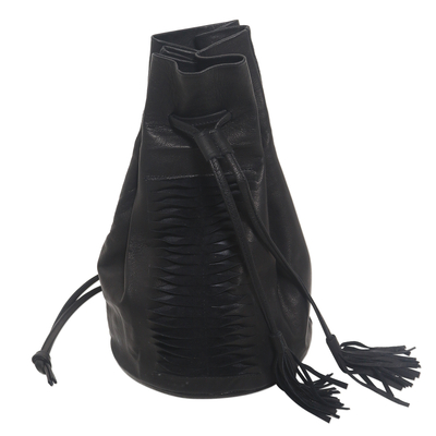 Black Drawstring Leather Shoulder Bag