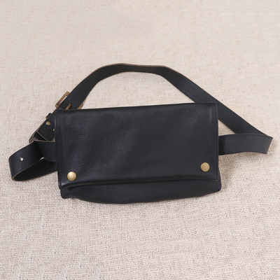Leather shoulder bag, 'Cool Carrier in Black' - Handmade Black Leather Shoulder Bag
