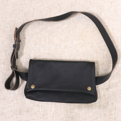 Leather waist bag, 'Cool Carrier in Black' - Handmade Black Leather Waist Bag
