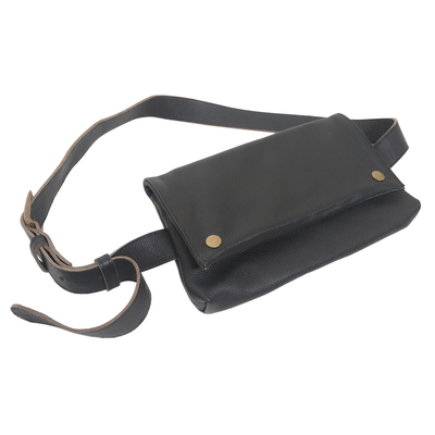 Leather shoulder bag, 'Cool Carrier in Black' - Handmade Black Leather Shoulder Bag