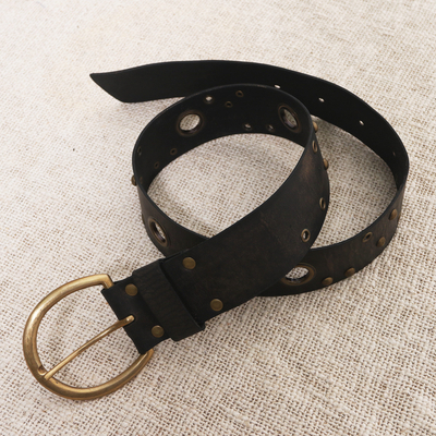 Leather belt, 'Antique Look in Black' - Black Iron Studded Leather Belt