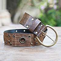 Leather belt, 'Antique Look in Brown' - Brown Iron Studded Leather Belt