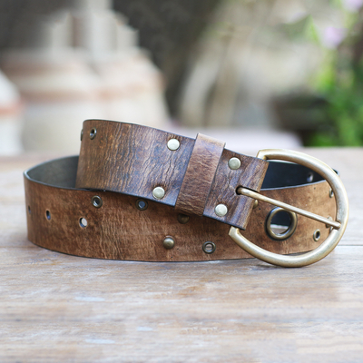Leather belt, 'Antique Look in Brown' - Brown Iron Studded Leather Belt